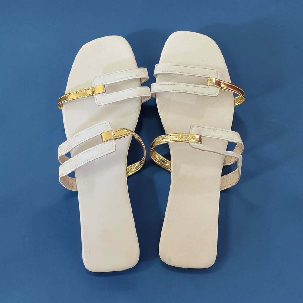 Women's Square Toe Two-Strap Flat Slide Sandals in Beige and Gold